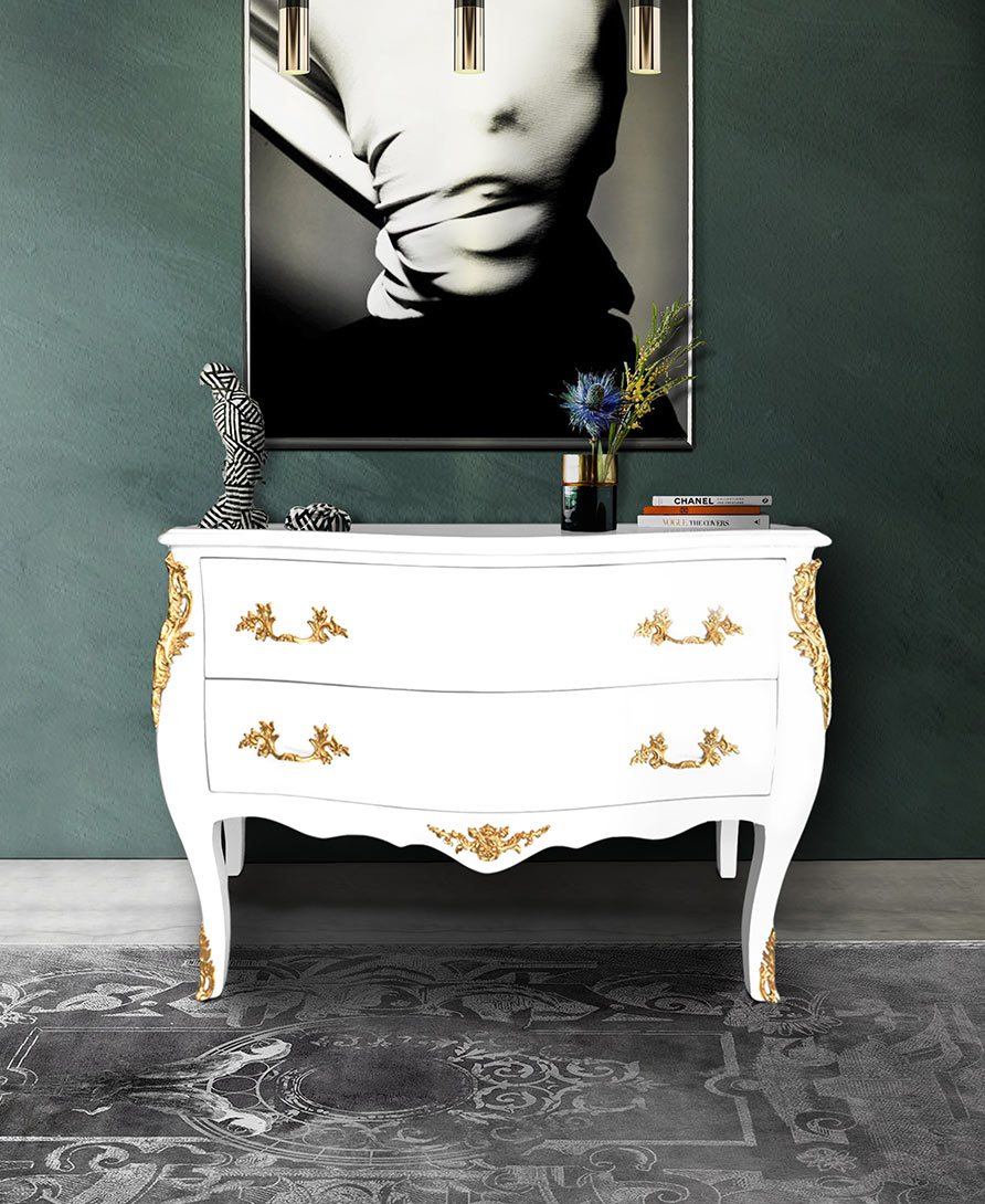 commode baroque de style Louis XV blanche avec 2 tiroirs et bronzes dorés Royal Art Palace